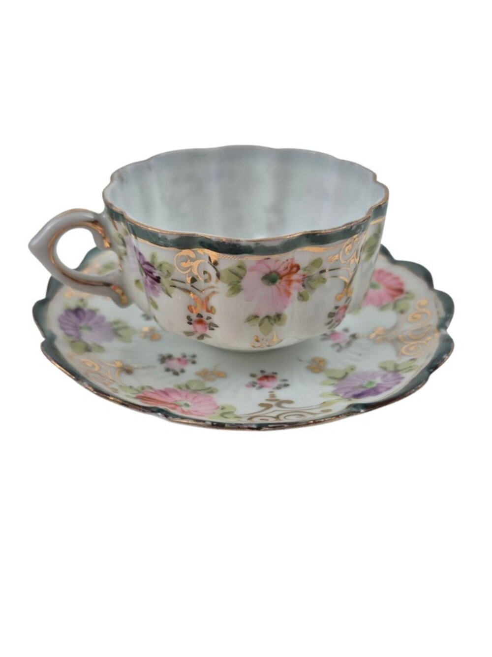Tea Cup Saucer Set Porcelain Pink Purple Floral Design Green Trim Gold Accents - Picture 5 of 10